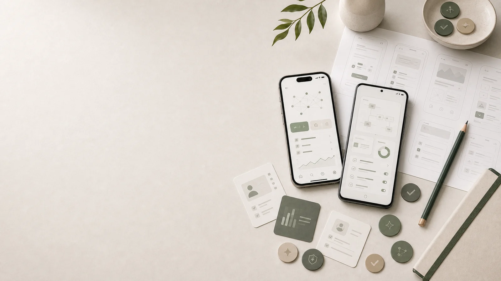 Hero för AI-app med iPhone och Android, promptflöden, datakällor och utvärdering på höger sida.
