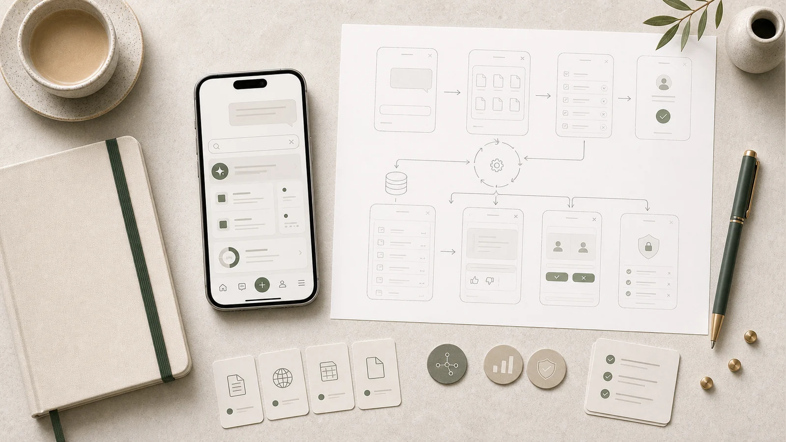 AI-app med promptflöde, källkort, granskning, utvärdering och guardrails på skrivbord.