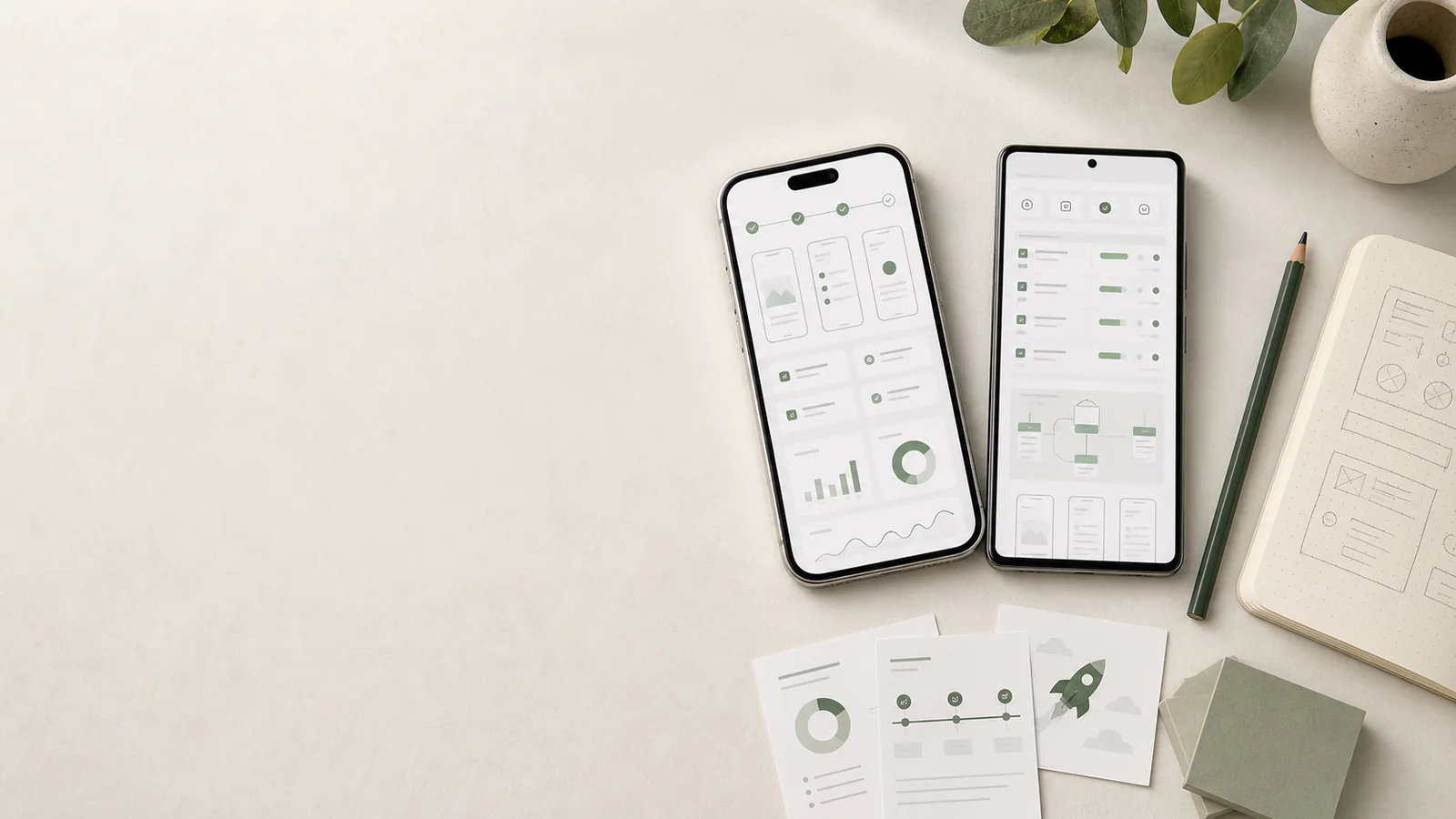 Hero för generell app med iPhone och Android, MVP-flöden, backlog och roadmap på höger sida.