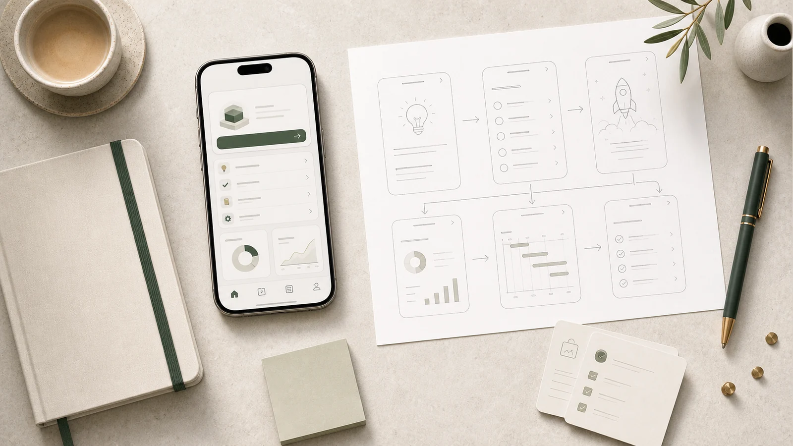 generell app visualiserad med MVP-flöden, backlog och roadmap, scope och mobilflöden på skrivbord.