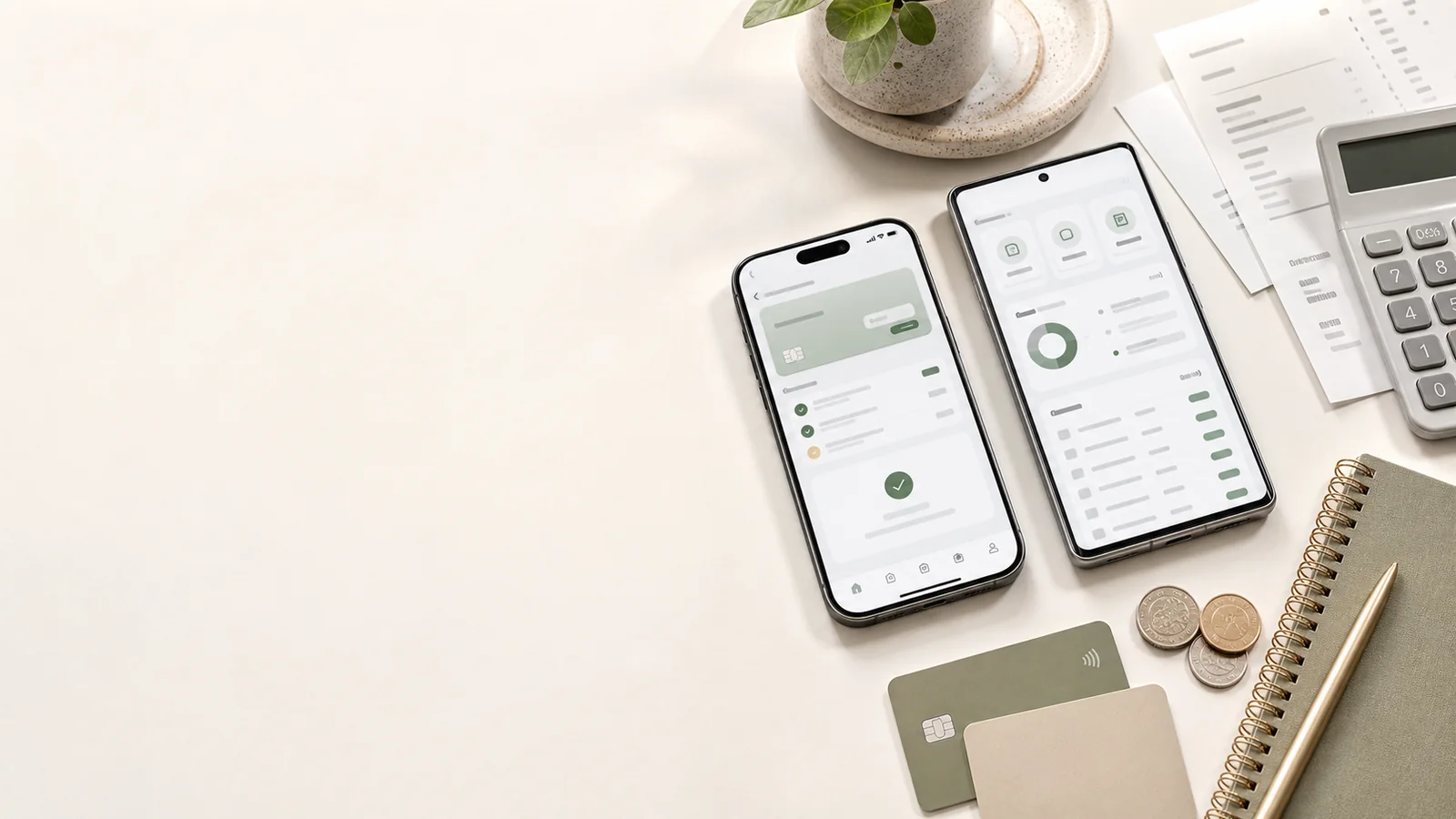 Hero för app med betalningar med iPhone och Android, checkout, abonnemang och avstämning på höger sida.