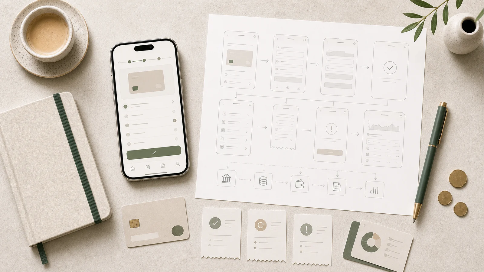app med betalningar visualiserad med checkout, abonnemang och avstämning, scope och mobilflöden på skrivbord.
