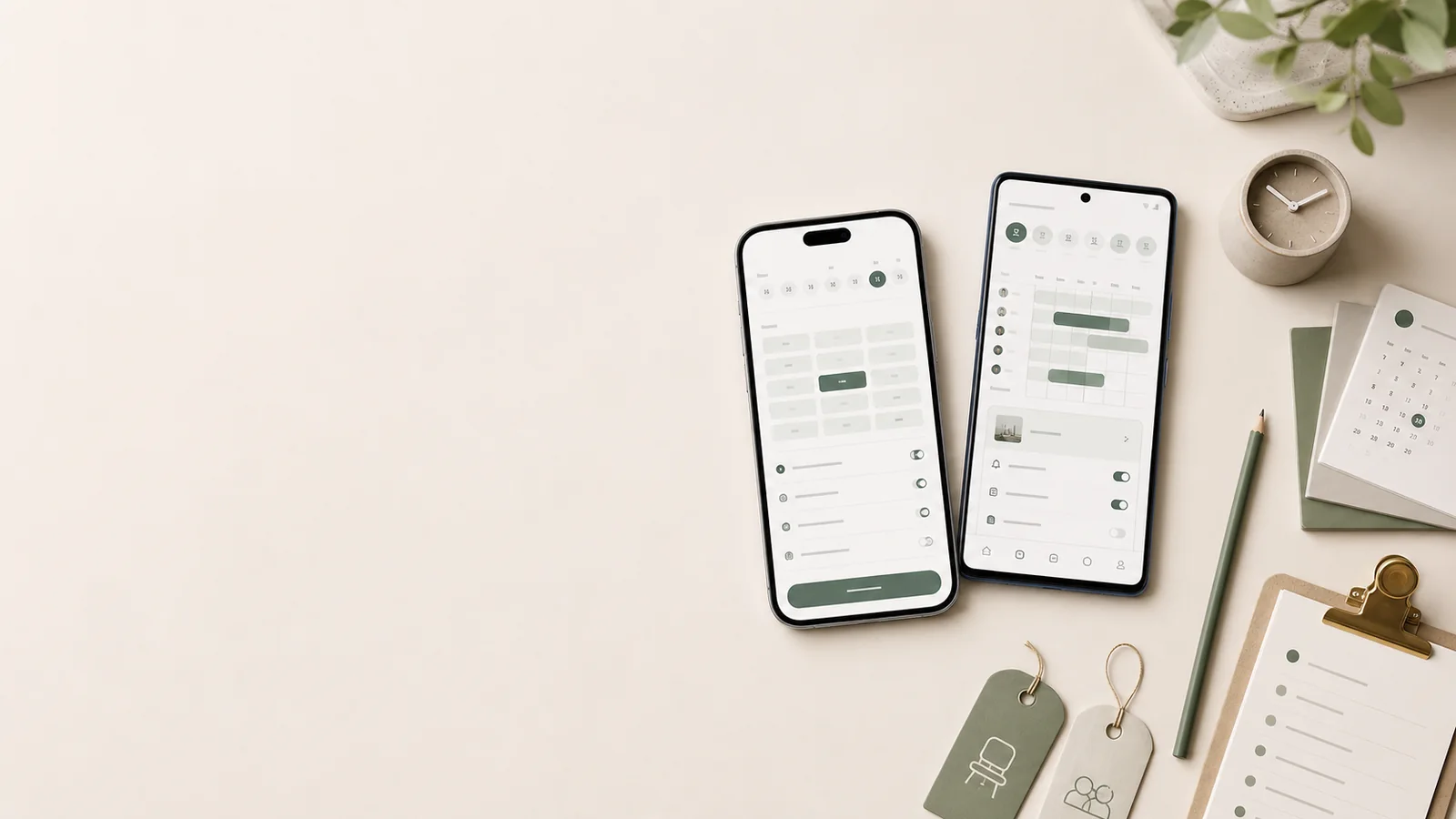 Hero för bokningsapp med iPhone och Android, kalender, resurser och påminnelser på höger sida.