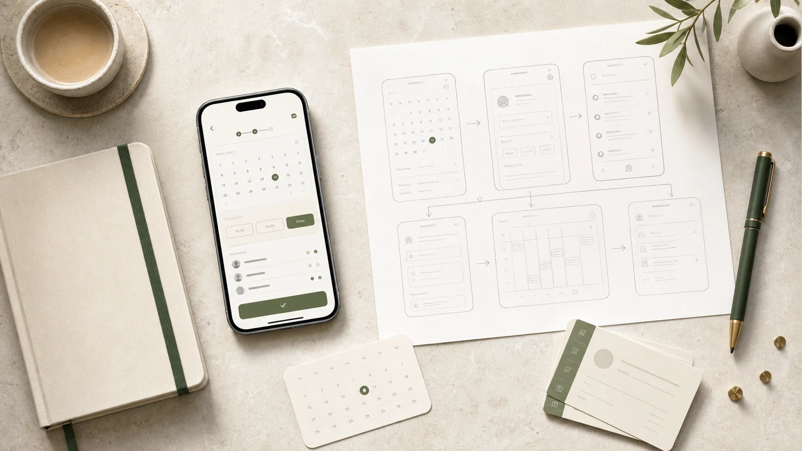 bokningsapp visualiserad med kalender, resurser och påminnelser, scope och mobilflöden på skrivbord.