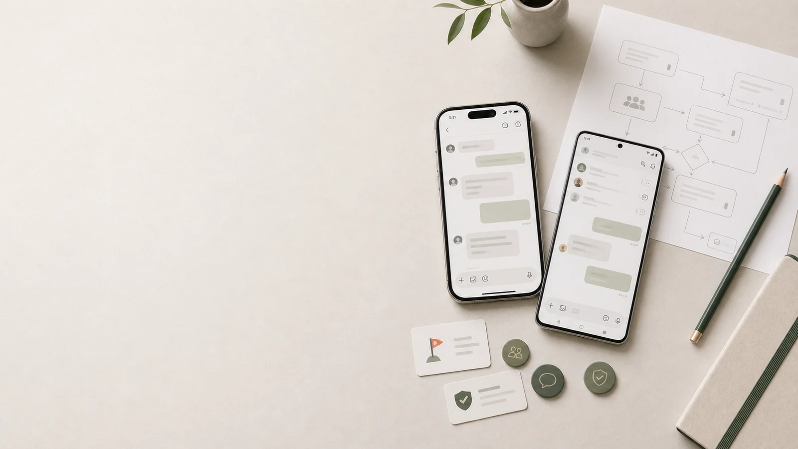 Hero för chattapp med iPhone och Android, meddelanden, närvaro och moderering på höger sida.