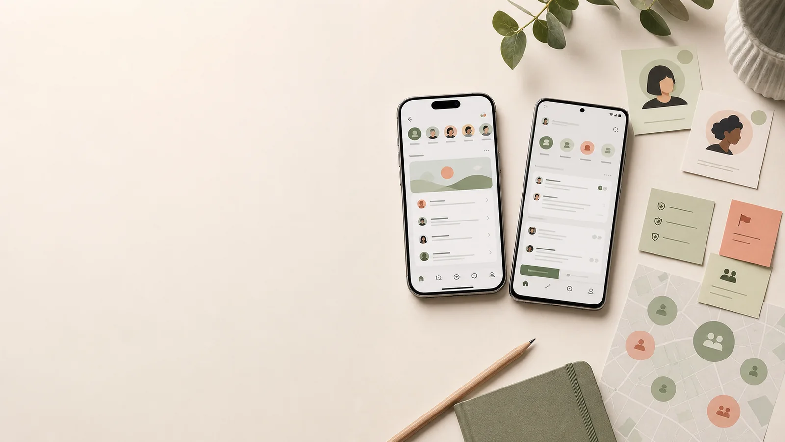 Hero för communityapp med iPhone och Android, profiler, grupper och moderering på höger sida.