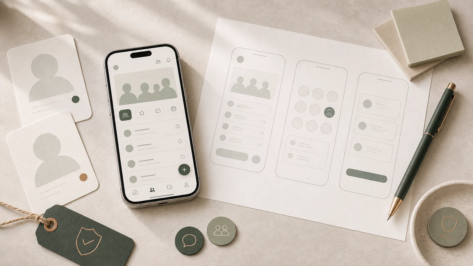 communityapp visualiserad med profiler, grupper och moderering, scope och mobilflöden på skrivbord.