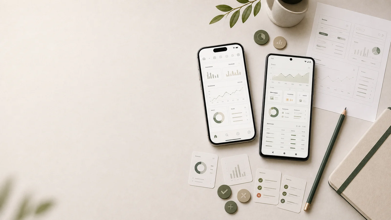 Hero för dashboard-app med iPhone och Android, KPI:er, filter och beslutstöd på höger sida.
