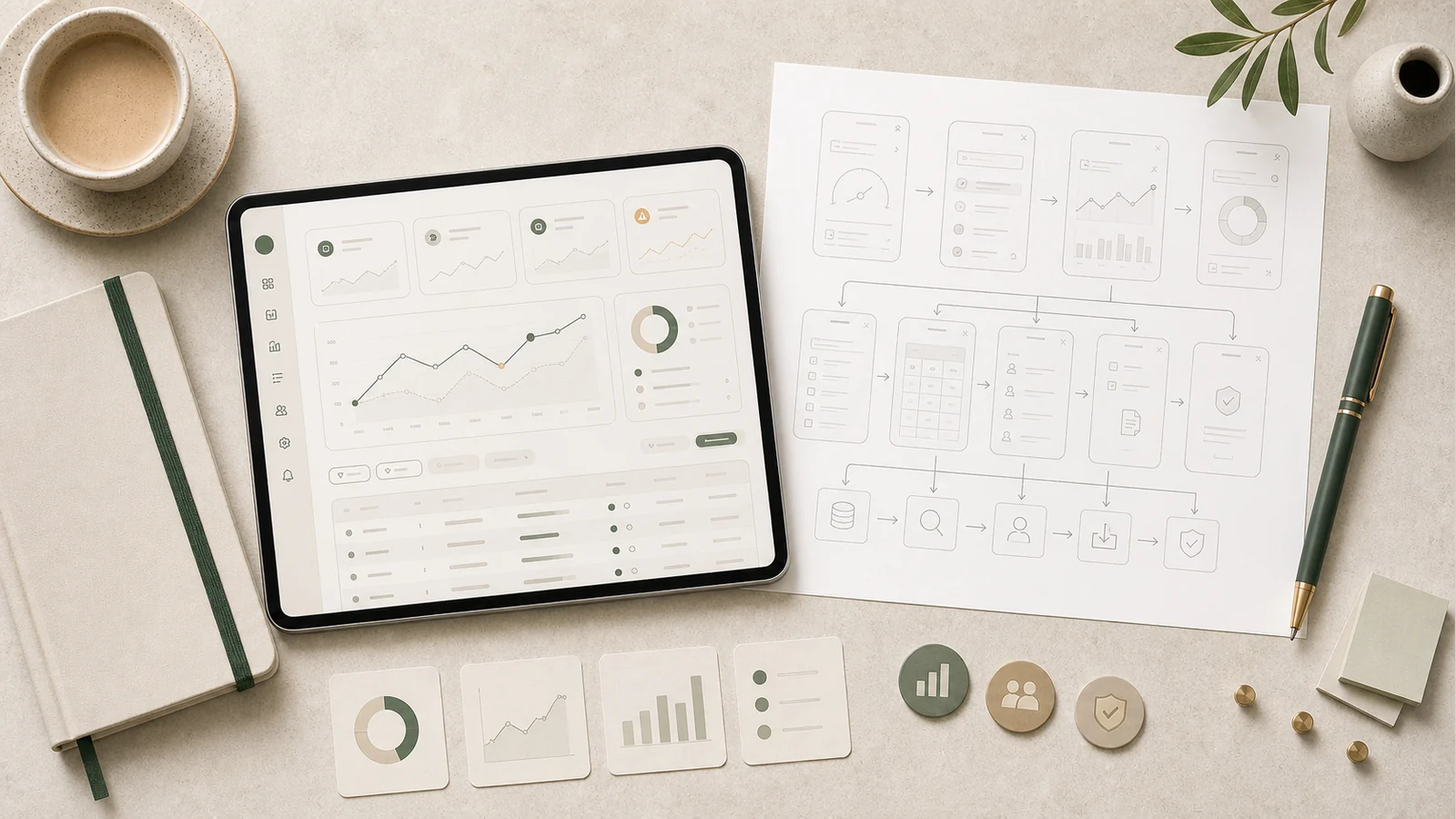 Dashboard-app med KPI-kort, grafer, filter, datakvalitet, rapporter och behörigheter.