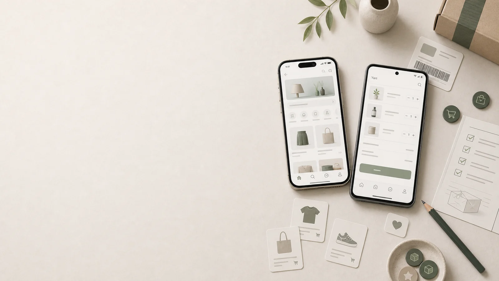 Hero för e-handelsapp med iPhone och Android, produktkort, checkout och orderflöden på höger sida.