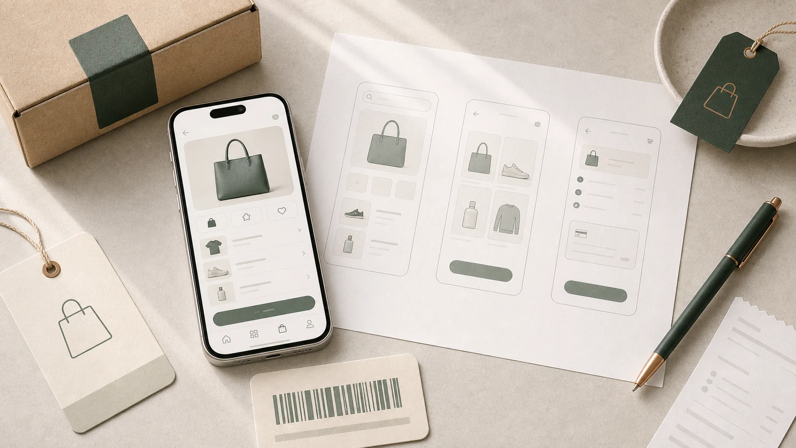 E-handelsapp med produkter, varukorg, checkout, lager, order och mobil konvertering.