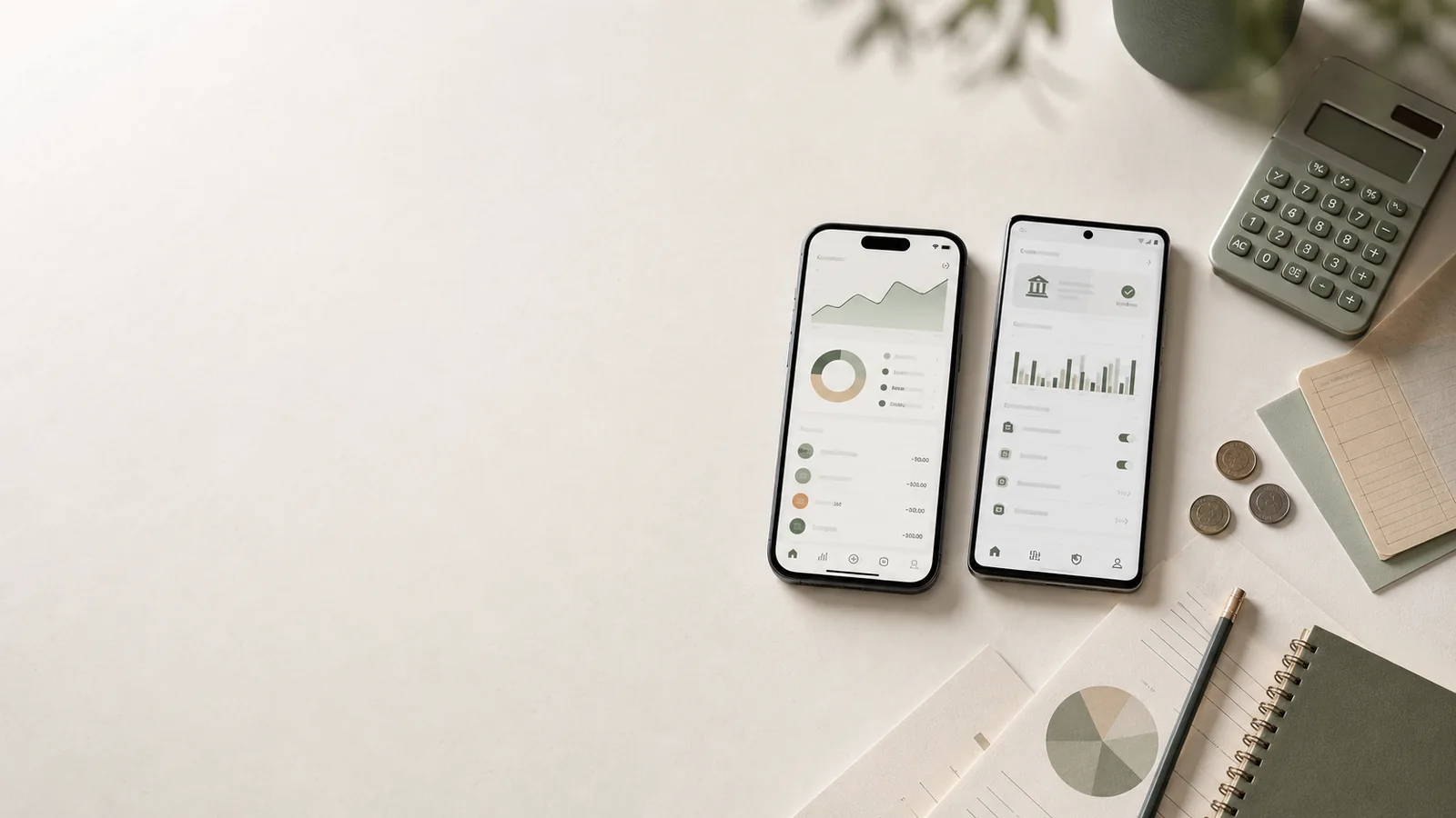 Hero för ekonomiapp med iPhone och Android, budget, transaktioner och rapporter på höger sida.