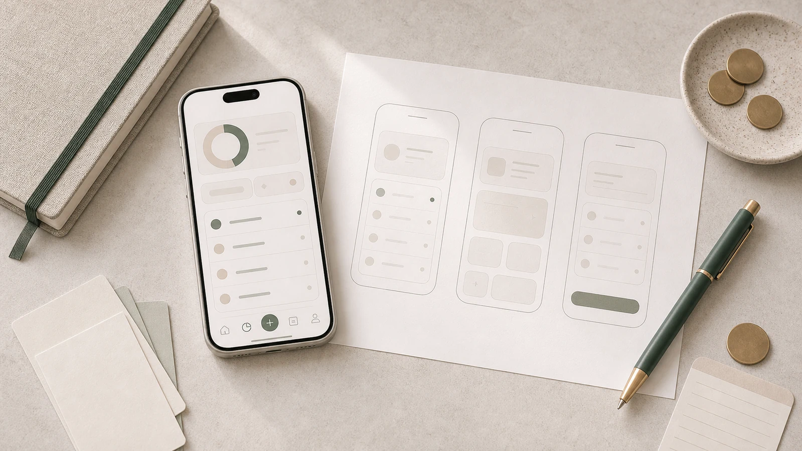 ekonomiapp visualiserad med budget, transaktioner och rapporter, scope och mobilflöden på skrivbord.