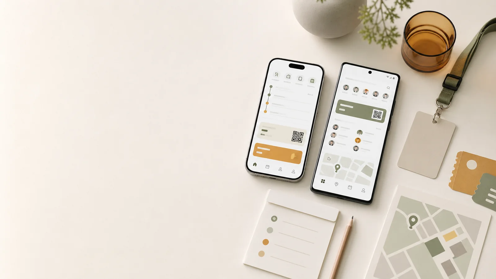 Hero för eventapp med iPhone och Android, agenda, biljetter och check-in på höger sida.