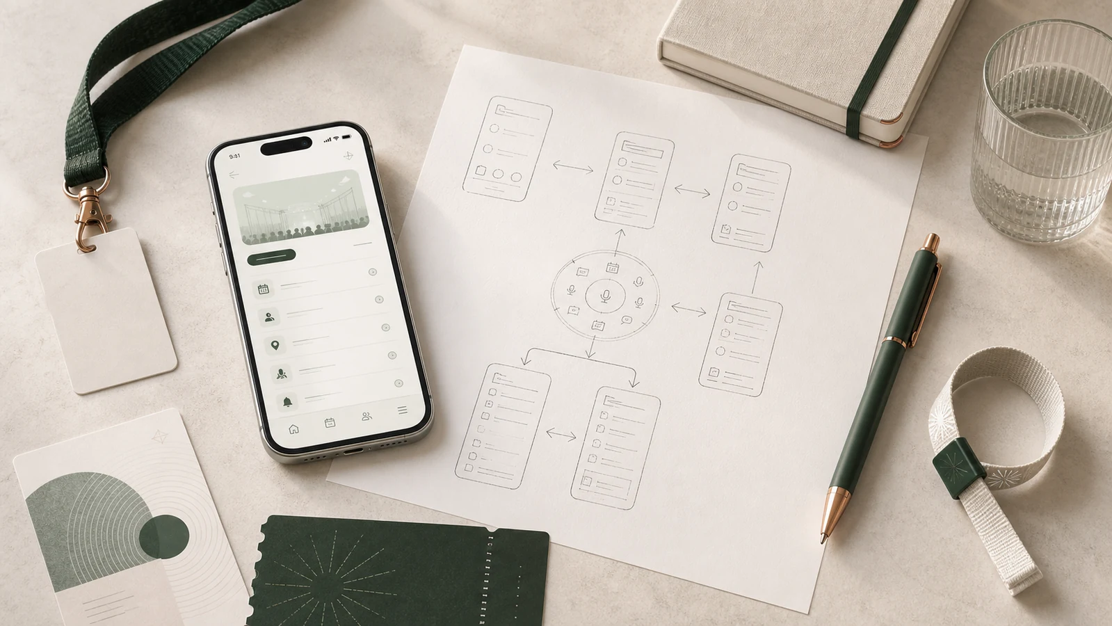 eventapp visualiserad med agenda, biljetter och check-in, scope och mobilflöden på skrivbord.