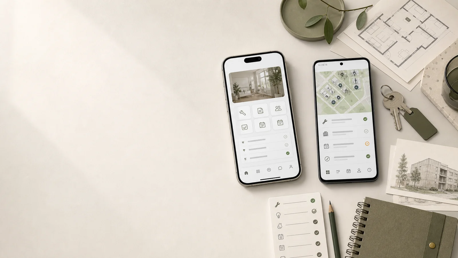 Hero för fastighetsapp med iPhone och Android, ärenden, boendeportal och dokument på höger sida.