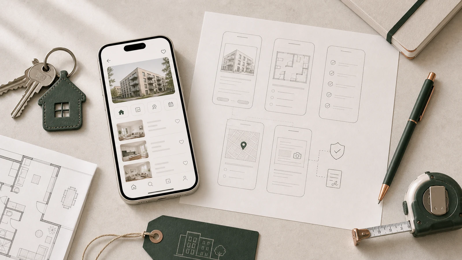 fastighetsapp visualiserad med ärenden, boendeportal och dokument, scope och mobilflöden på skrivbord.