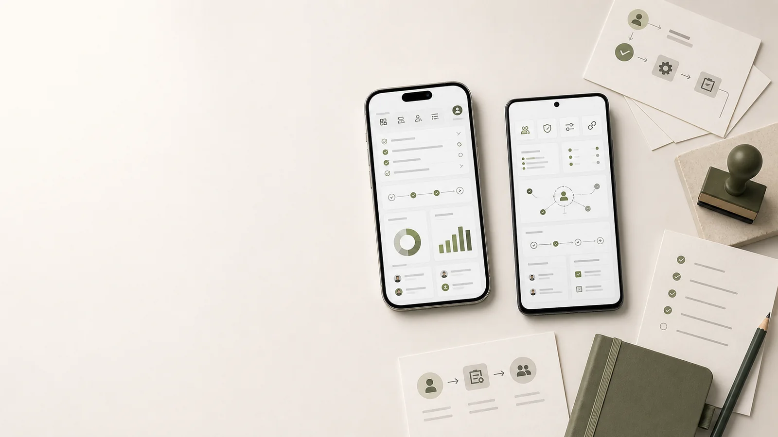 Hero för internapp med iPhone och Android, arbetsflöden, godkännanden och rapporter på höger sida.