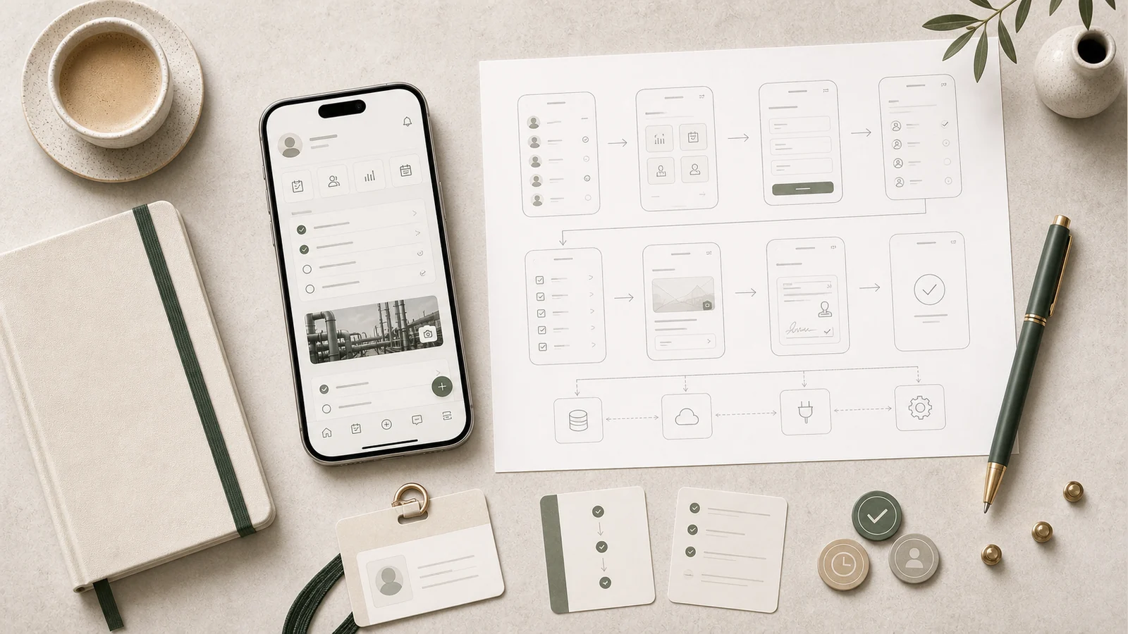 internapp visualiserad med arbetsflöden, godkännanden och rapporter, scope och mobilflöden på skrivbord.