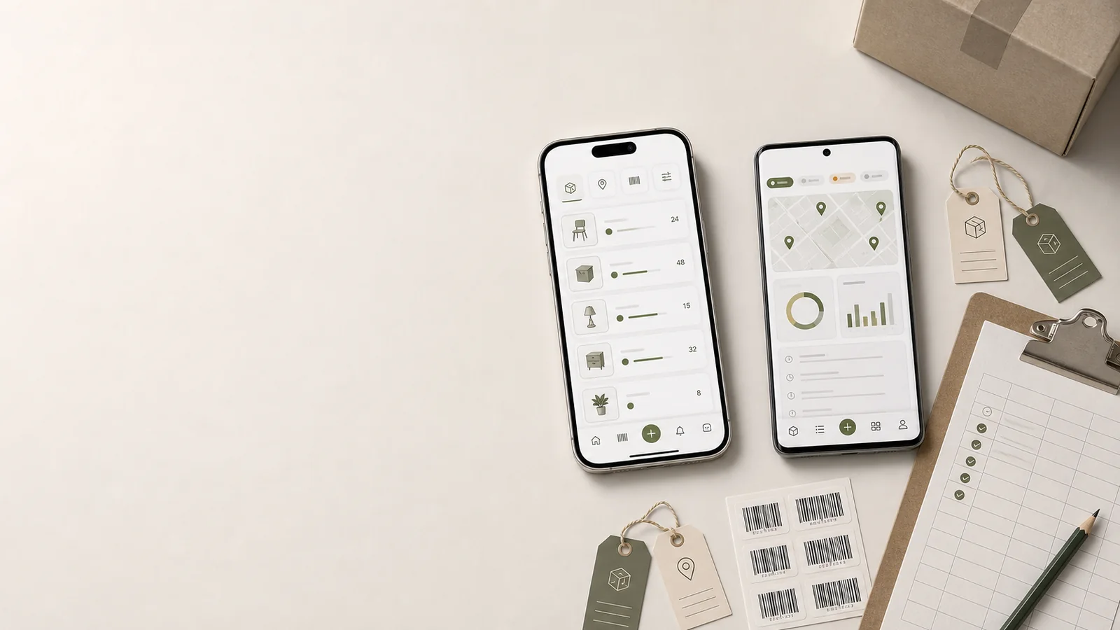 Hero för inventarieapp med iPhone och Android, assetlistor, skanning och lagerstatus på höger sida.