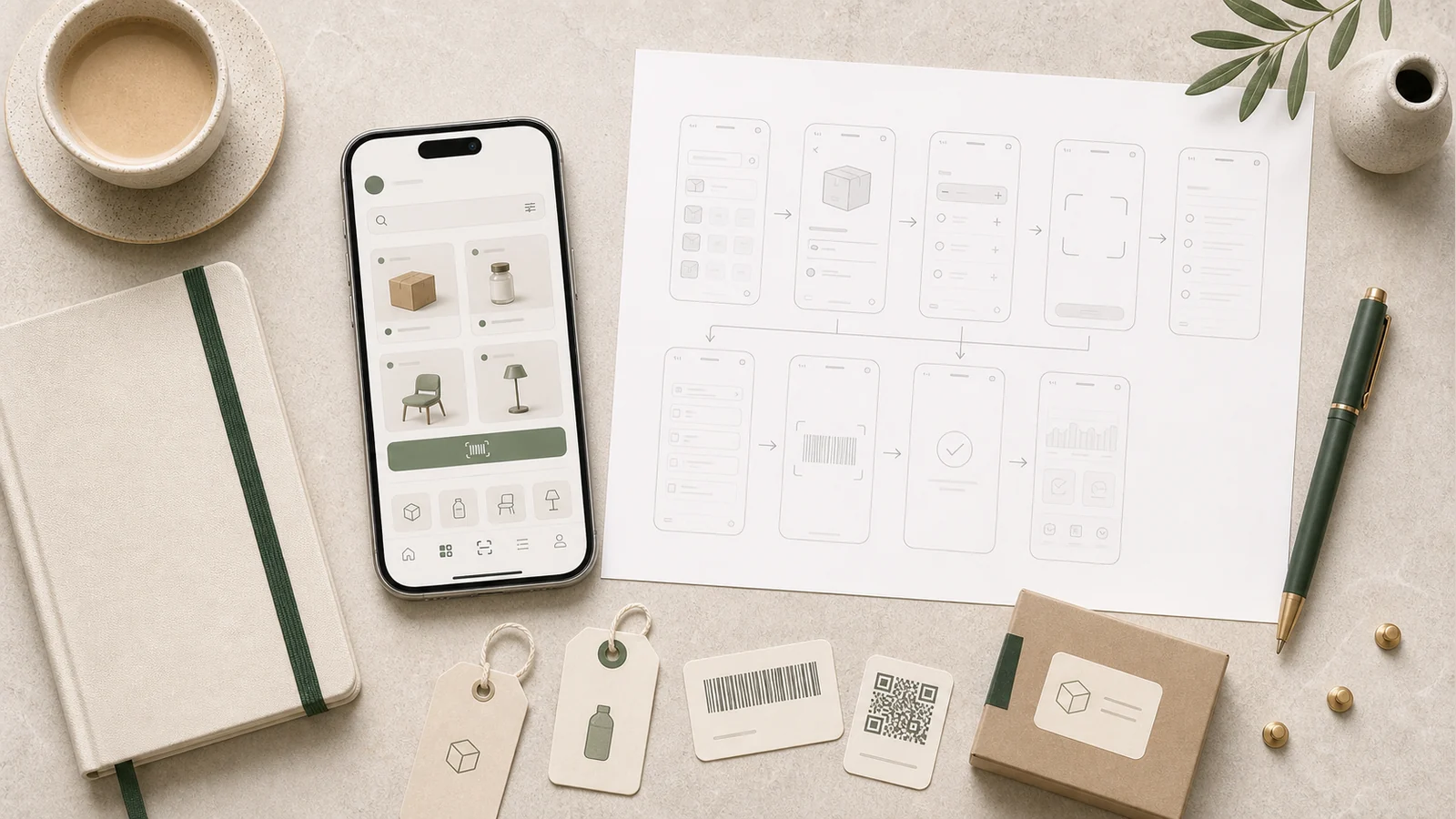 inventarieapp visualiserad med assetlistor, skanning och lagerstatus, scope och mobilflöden på skrivbord.