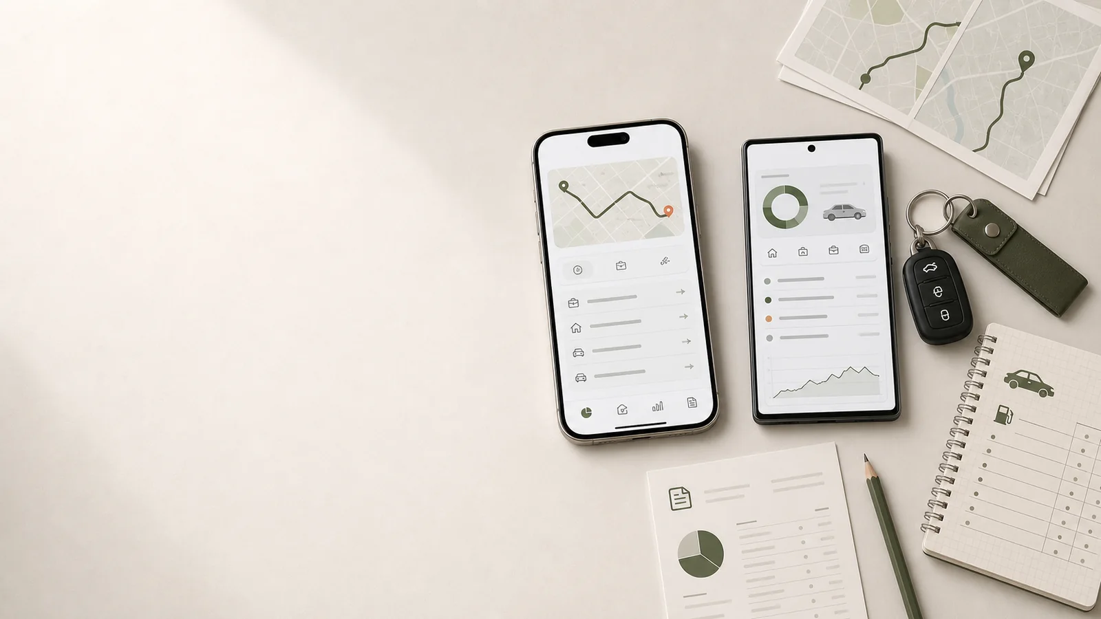 Hero för körjournalsapp med iPhone och Android, rutter, miltal och export på höger sida.