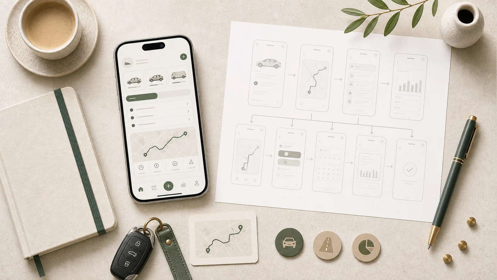 körjournalsapp visualiserad med rutter, miltal och export, scope och mobilflöden på skrivbord.