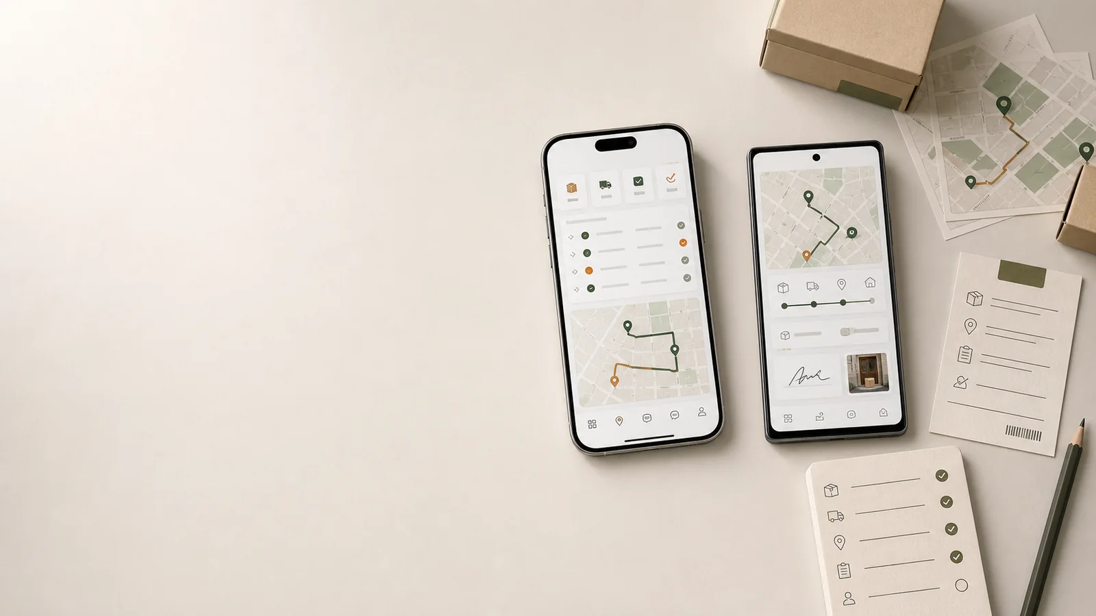 Hero för leveransapp med iPhone och Android, dispatch, rutter och leveransstatus på höger sida.