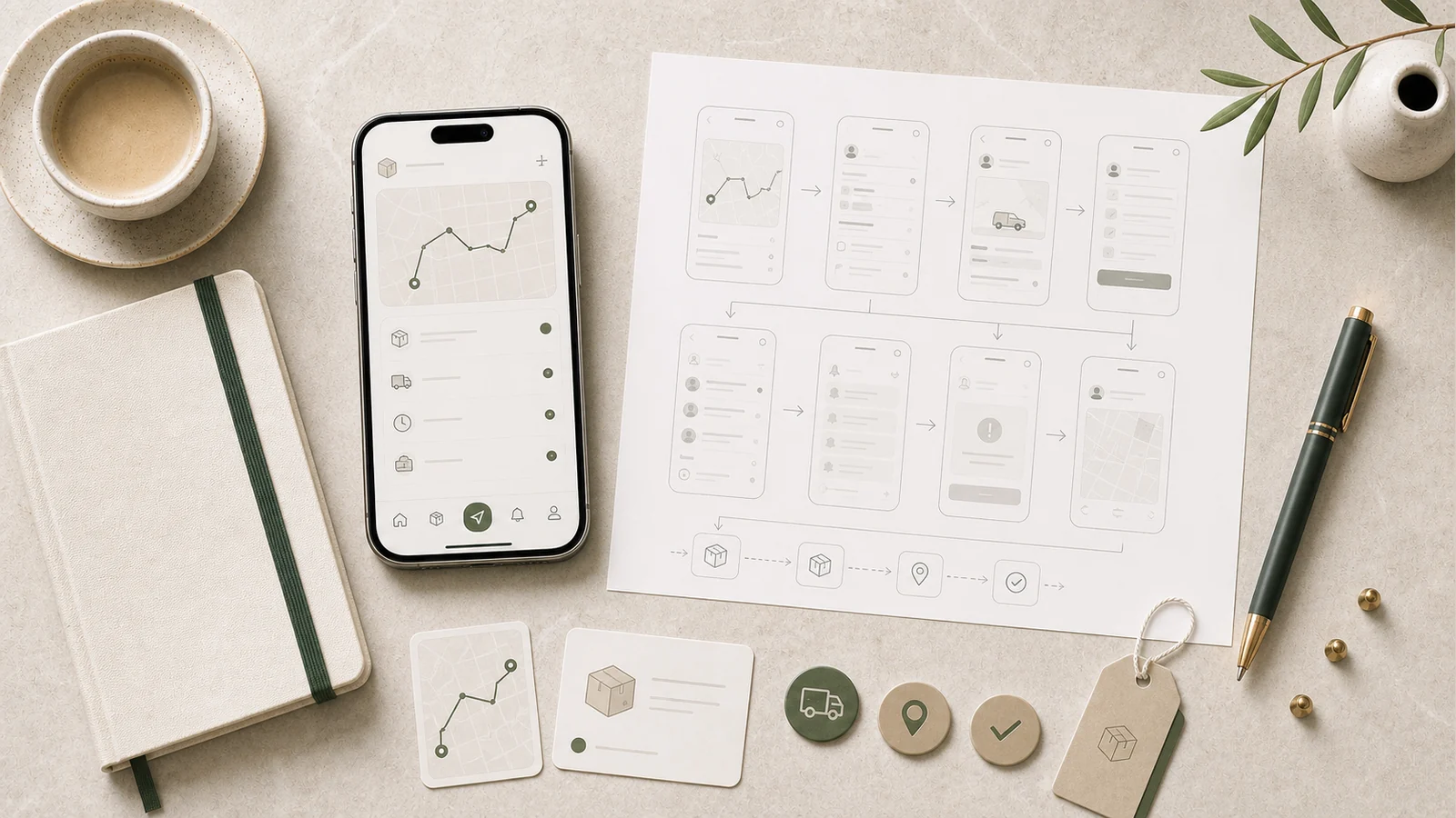 leveransapp visualiserad med dispatch, rutter och leveransstatus, scope och mobilflöden på skrivbord.