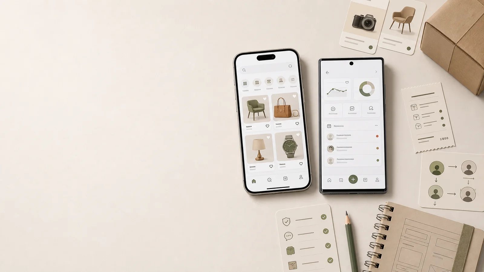 Hero för marknadsplats-app med iPhone och Android, köpare, säljare och transaktioner på höger sida.