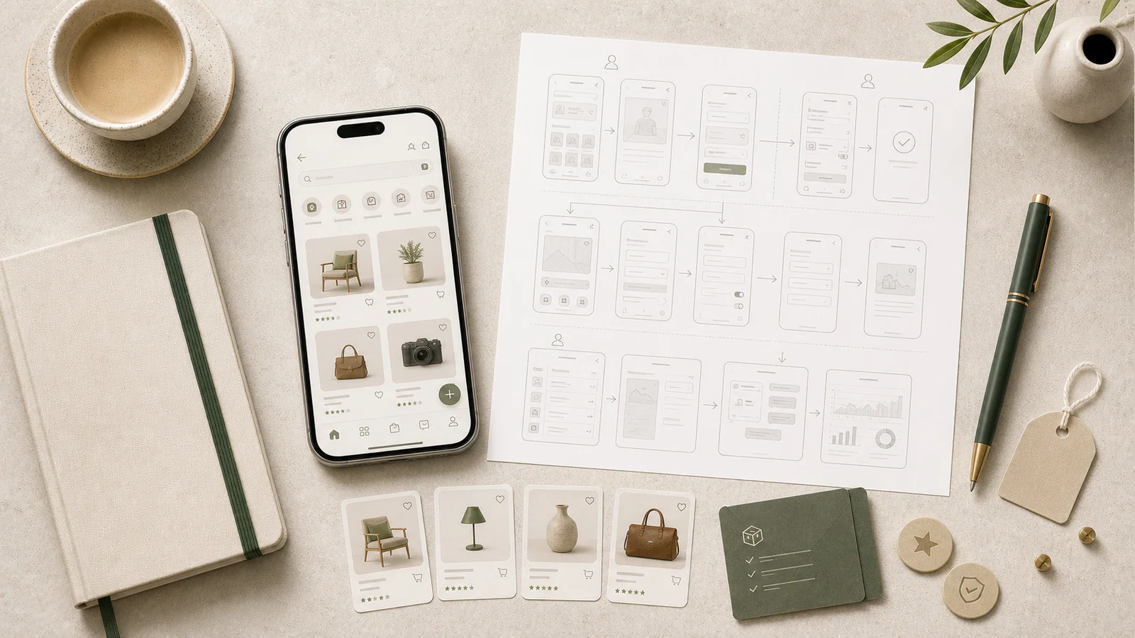 marknadsplats-app visualiserad med köpare, säljare och transaktioner, scope och mobilflöden på skrivbord.