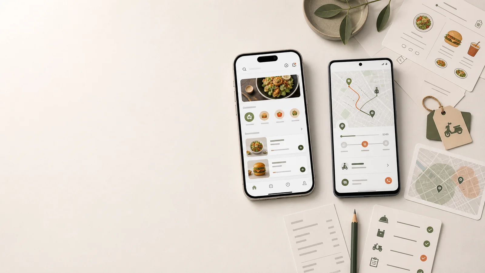 Hero för matleveransapp med iPhone och Android, menyer, order och budrutter på höger sida.