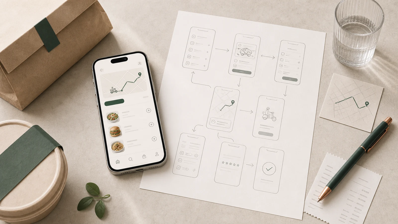 matleveransapp visualiserad med menyer, order och budrutter, scope och mobilflöden på skrivbord.