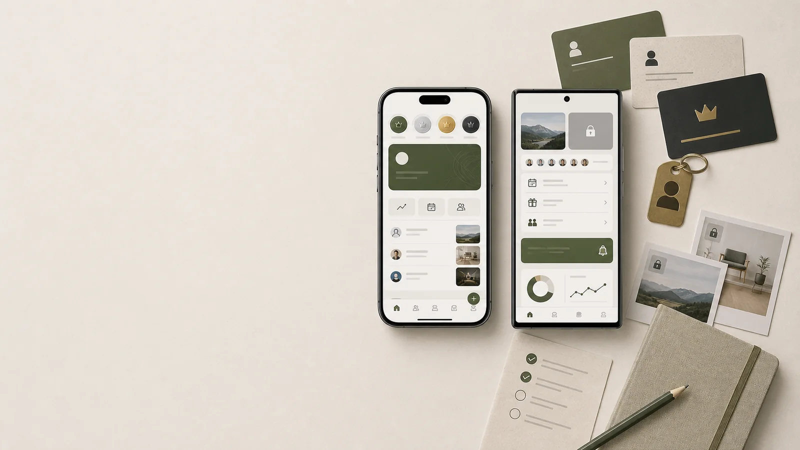 Hero för medlemsapp med iPhone och Android, medlemsnivåer, innehåll och retention på höger sida.