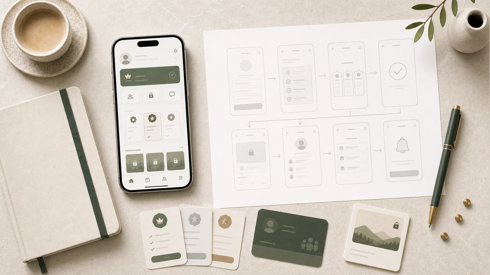 medlemsapp visualiserad med medlemsnivåer, innehåll och retention, scope och mobilflöden på skrivbord.