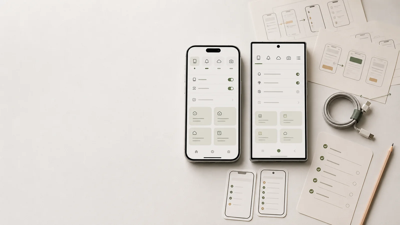 Hero för native-app med iPhone och Android, plattformsflöden, push och QA på höger sida.