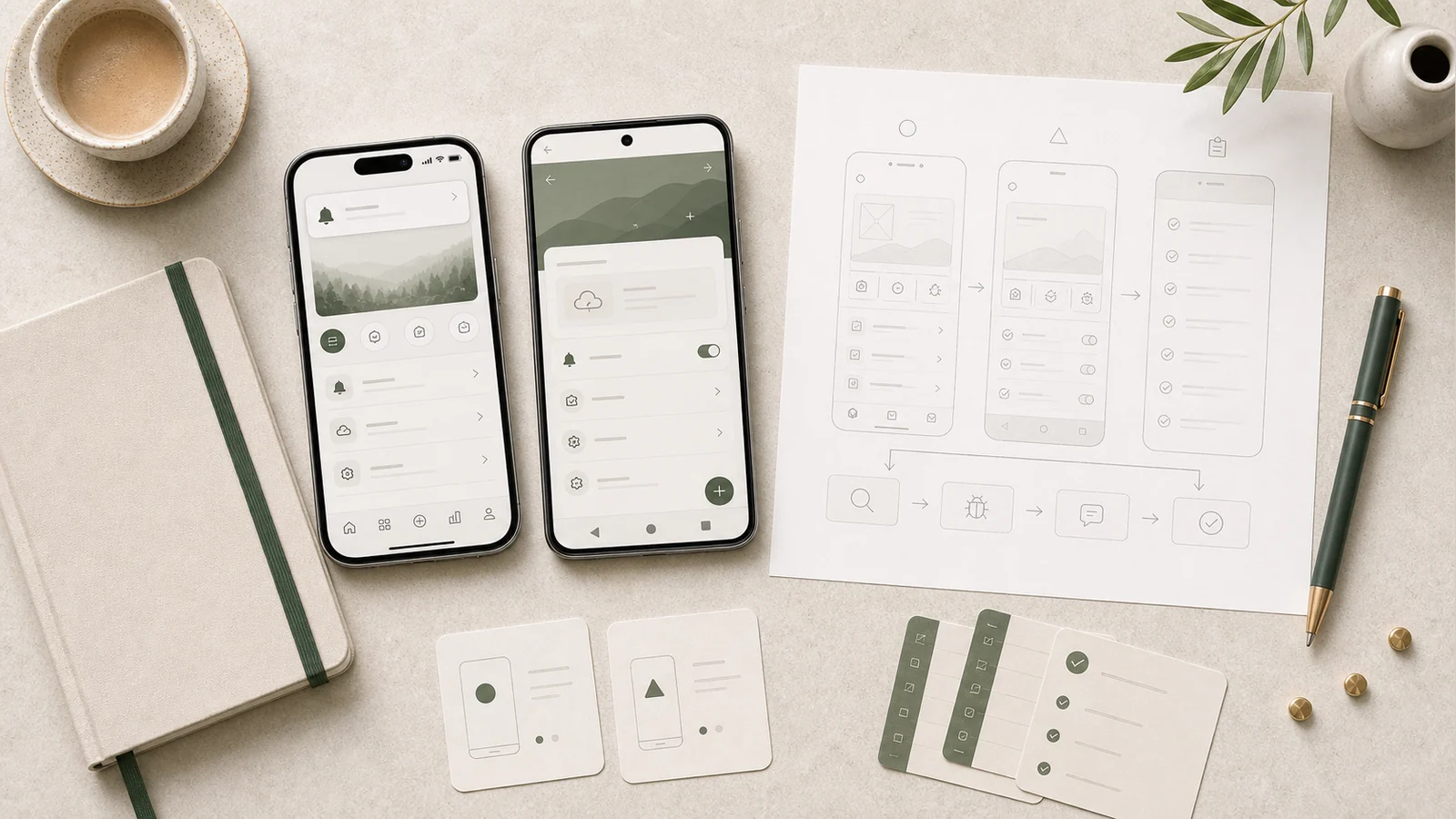 native-app visualiserad med plattformsflöden, push och QA, scope och mobilflöden på skrivbord.