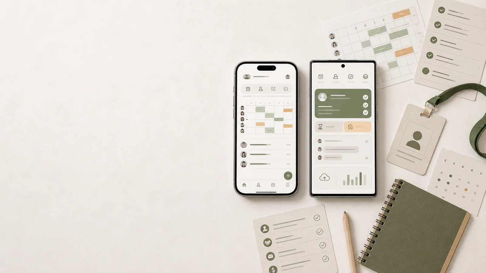 Hero för personalapp med iPhone och Android, schema, frånvaro och godkännanden på höger sida.