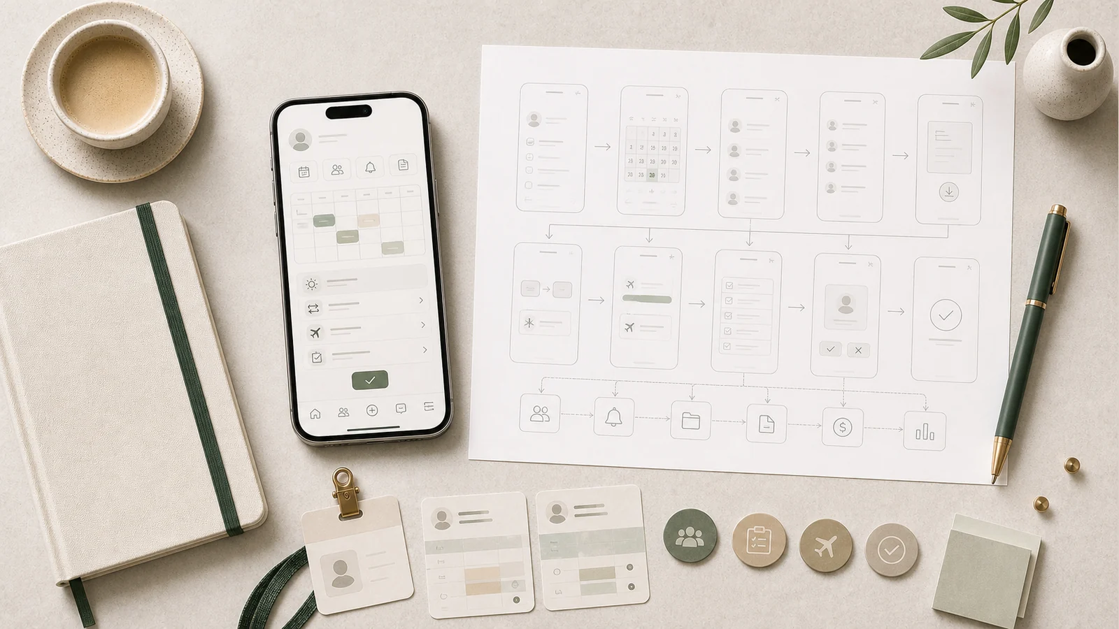personalapp visualiserad med schema, frånvaro och godkännanden, scope och mobilflöden på skrivbord.