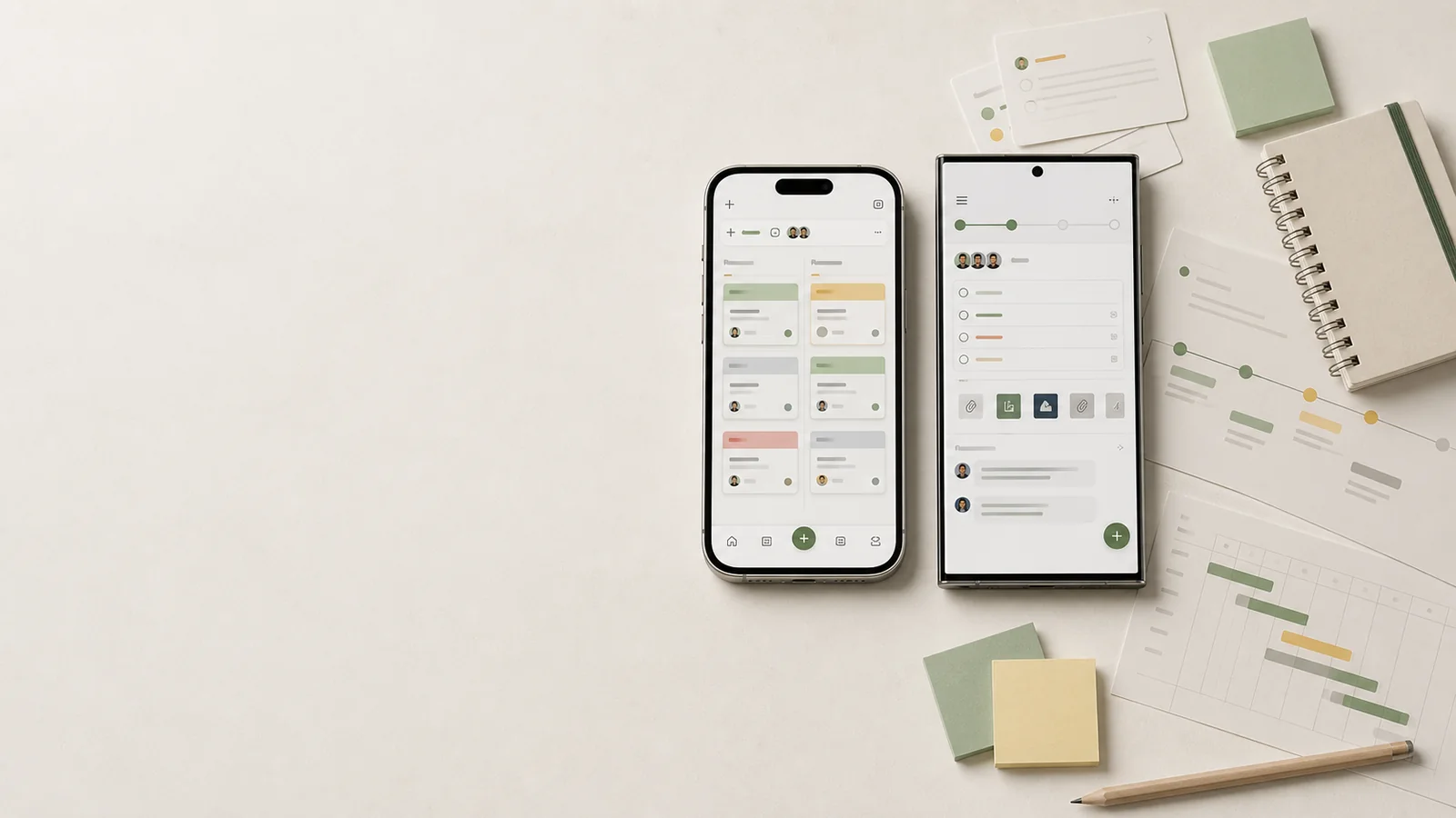 Hero för projektledningsapp med iPhone och Android, kanban, tidslinje och teamstatus på höger sida.
