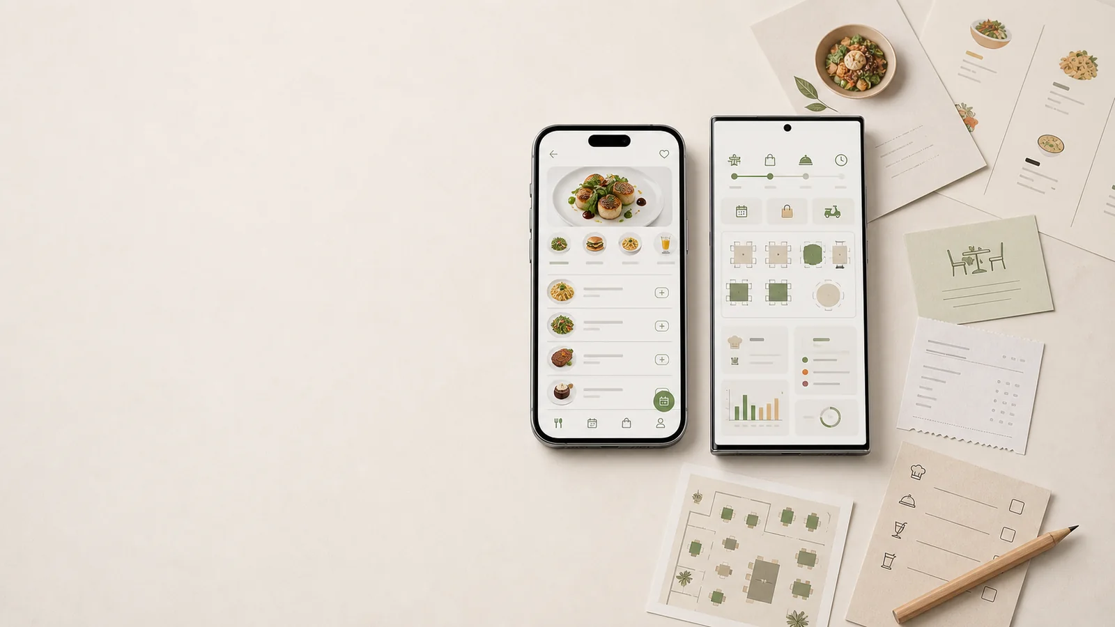 Hero för restaurangapp med iPhone och Android, meny, bokning och orderstatus på höger sida.