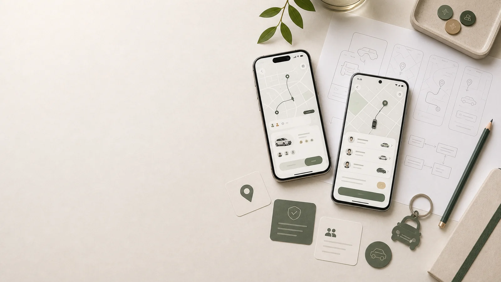 Hero för samåkningstjänst med iPhone och Android, kartor, matchning och trygghet på höger sida.