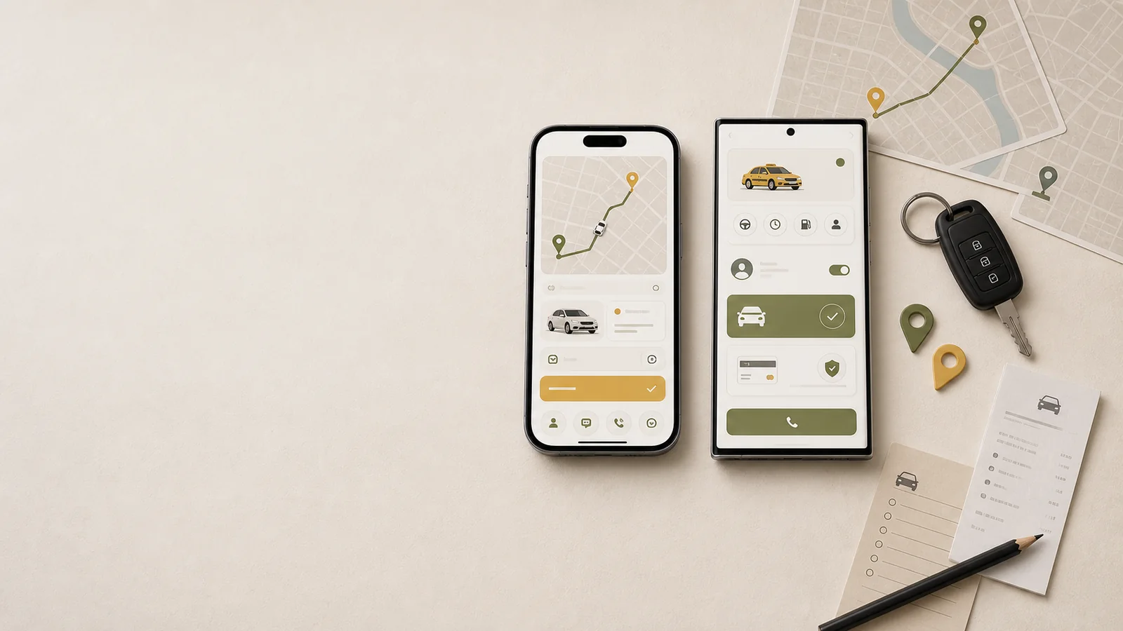 Hero för taxiapp med iPhone och Android, rutt, ETA och betalning på höger sida.