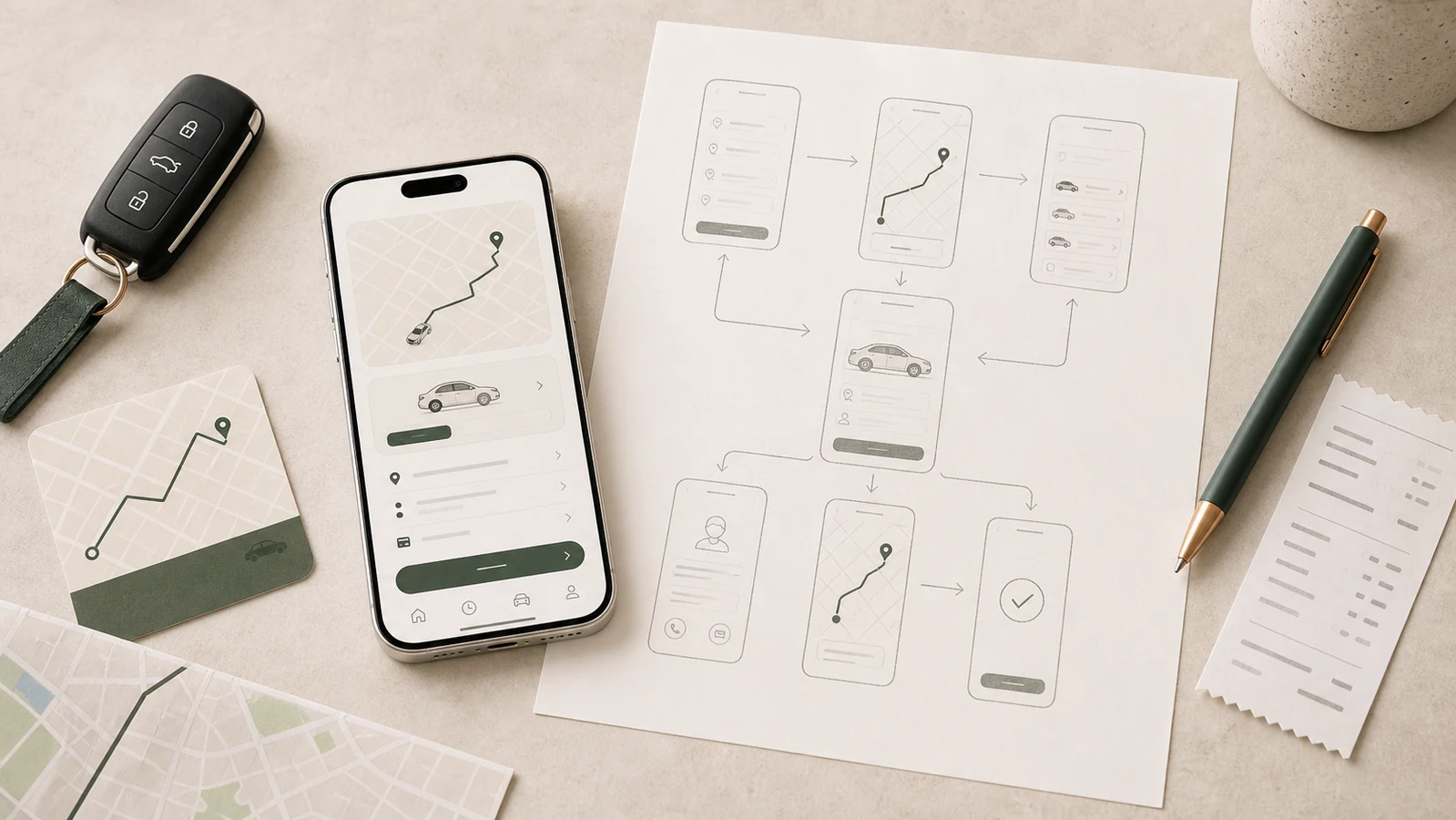 taxiapp visualiserad med rutt, ETA och betalning, scope och mobilflöden på skrivbord.