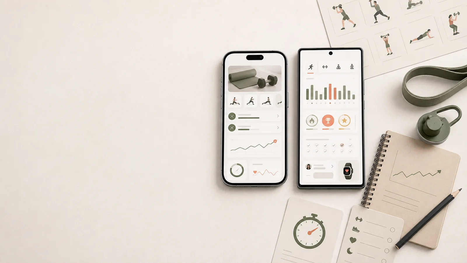 Hero för träningsapp med iPhone och Android, pass, progress och coachning på höger sida.