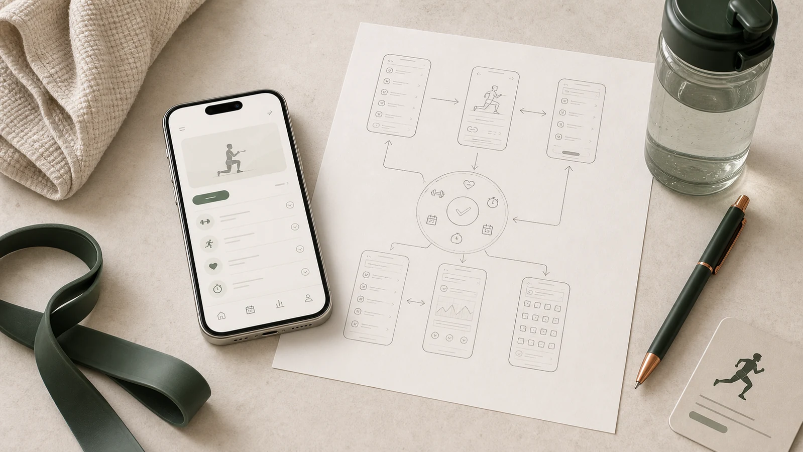 träningsapp visualiserad med pass, progress och coachning, scope och mobilflöden på skrivbord.