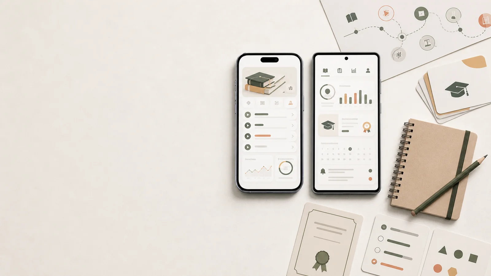 Hero för utbildningsapp med iPhone och Android, lektioner, quiz och kursprogress på höger sida.