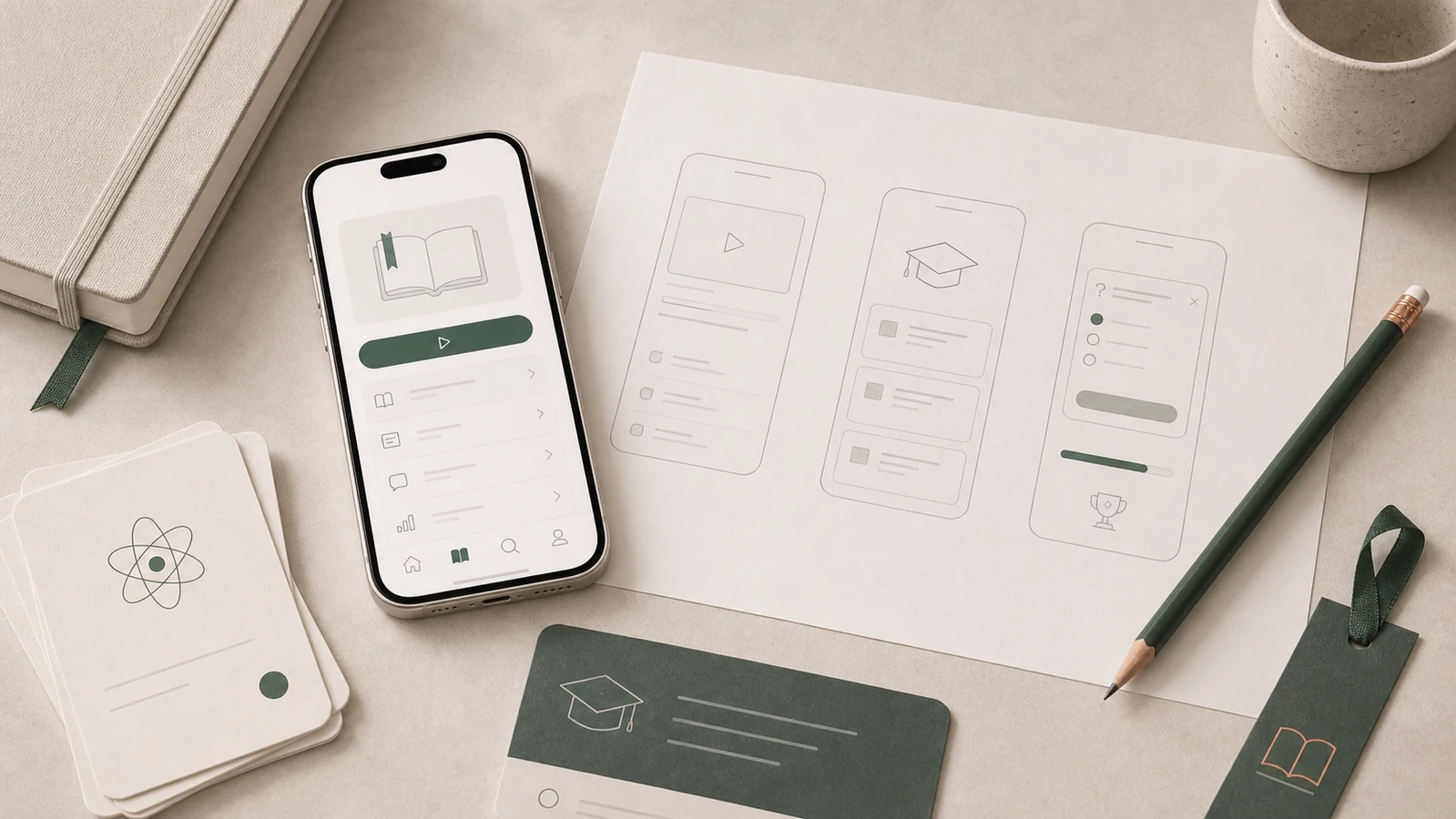 utbildningsapp visualiserad med lektioner, quiz och kursprogress, scope och mobilflöden på skrivbord.