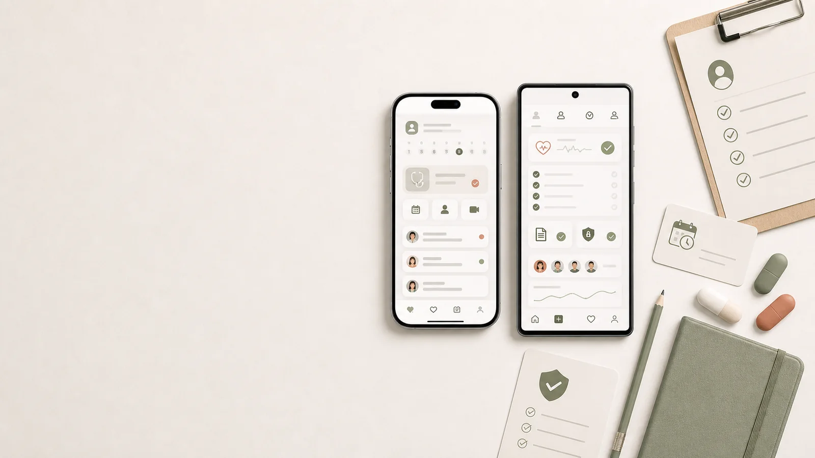 Hero för vårdapp med iPhone och Android, bokning, säkra meddelanden och triage på höger sida.