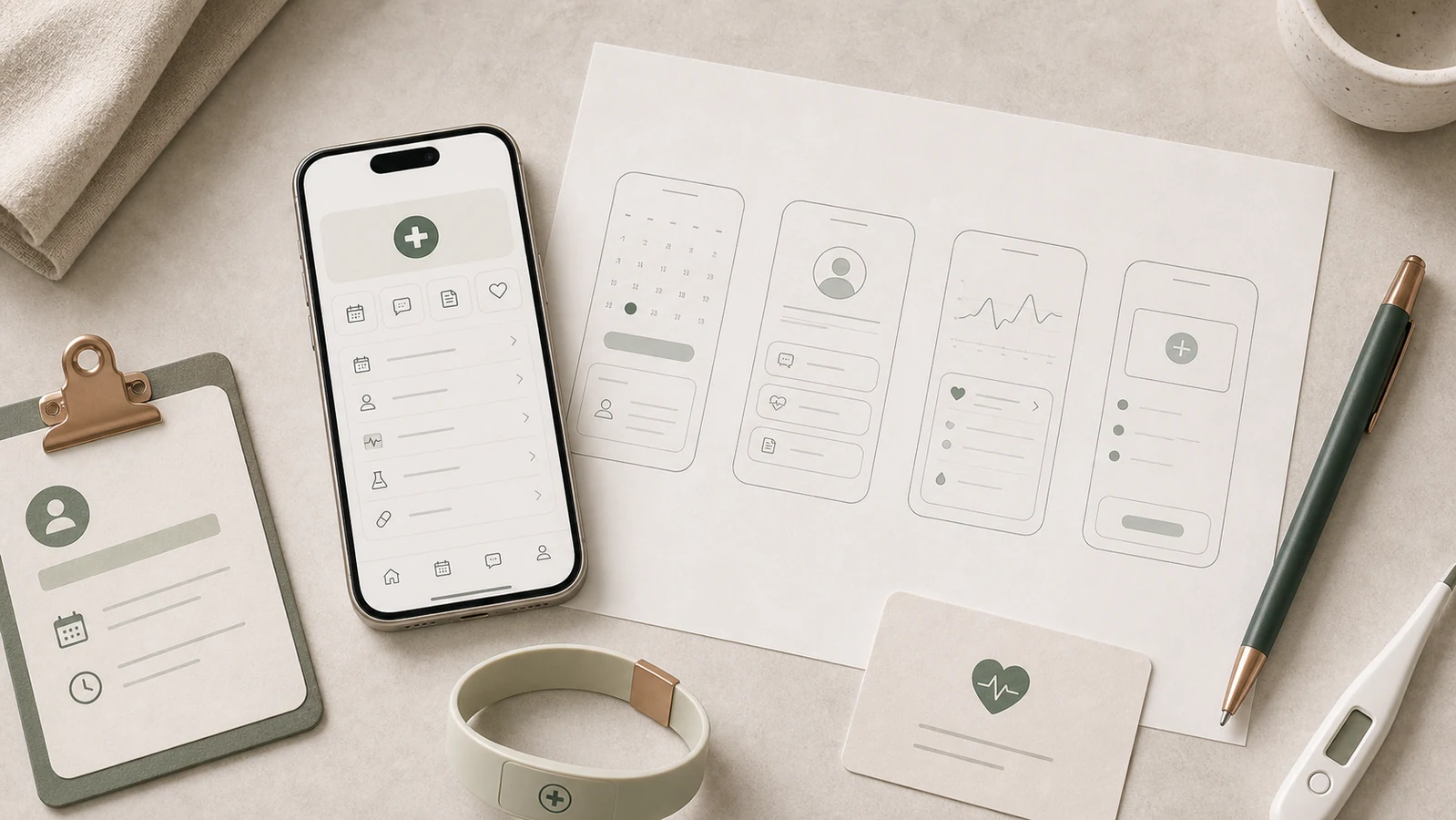 vårdapp visualiserad med bokning, säkra meddelanden och triage, scope och mobilflöden på skrivbord.